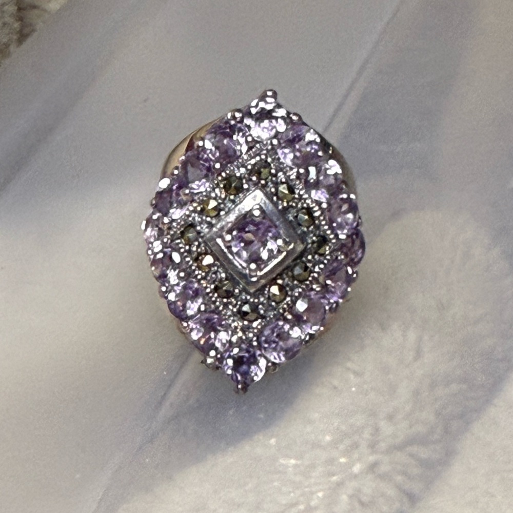 Sterling Silver Amethyst Marcasite Ring, Antique Style, Size 6